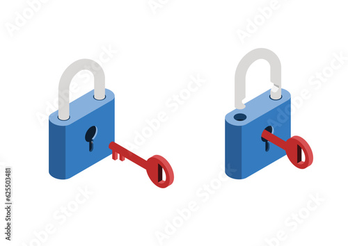 Isometric locks and key. Vector illustration.
