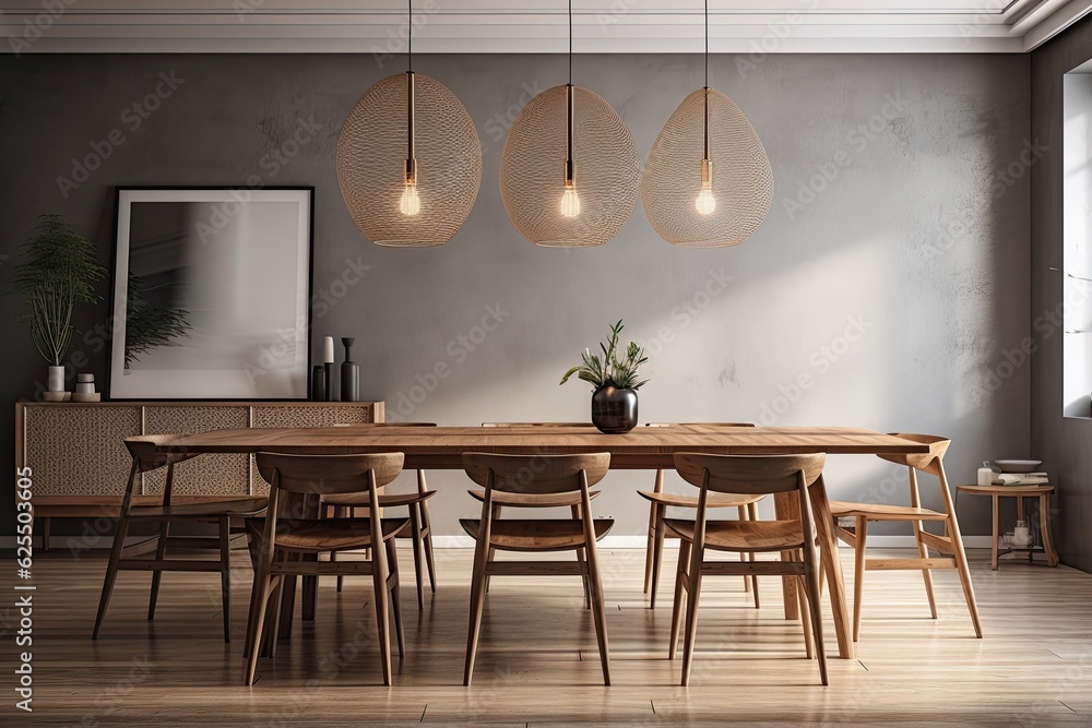 a picture of a spotless room with a wooden table and chairs. Generative AI a picture of a spotless room with a wooden table and chairs. Generative AI