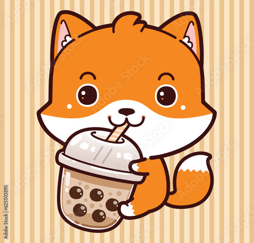 Cute Little Fox Hug Boba Milk Tea. Kawaii Cute Vector