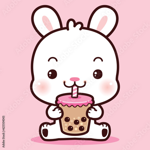 Cute Little Rabbit Eating Boba Milk Tea. Cartoon Style