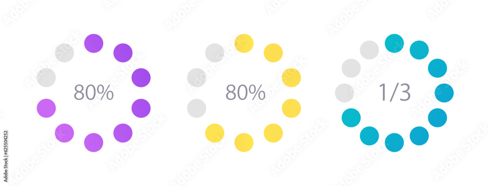 Education program completion circle infographic design template set. Student performance. Editable dot chart with percentages. Visual data presentation. Myriad Pro-Regular font used