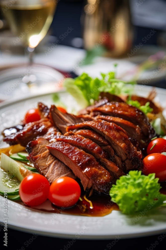 Cantonese Roast Duck, garnished with fresh lettuce and vibrant cherry tomatoes on a white plate Cantonese Roast Duck, garnished with fresh lettuce and vibrant cherry tomatoes on a white plate