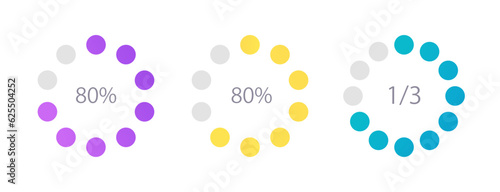 Education program completion circle infographic design template set. Student performance. Editable dot chart with percentages. Visual data presentation. Myriad Pro-Regular font used