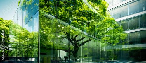 office building with tree for reducing carbon dioxide, Eco green environment.