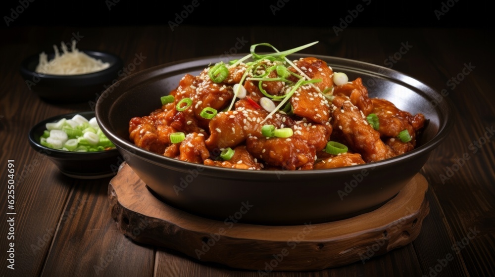 Sichuan Dry-Fried Chicken garnished with chopped green onions and sesame seeds, presented on a rustically styled wood table Sichuan Dry-Fried Chicken garnished with chopped green onions and sesame seeds, presented on a rustically styled wood table