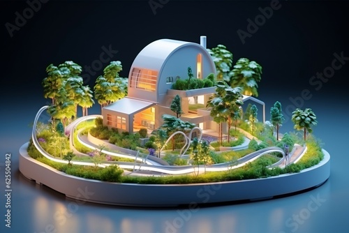 3d model, layout of an eco-friendly, energy-efficient house. Energy Efficient House. Renewable energy concept. Selective focus. Generative AI technology. photo