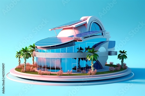 3d model, layout of an eco-friendly, energy-efficient house. Energy Efficient House. Renewable energy concept. Selective focus. Generative AI technology. photo