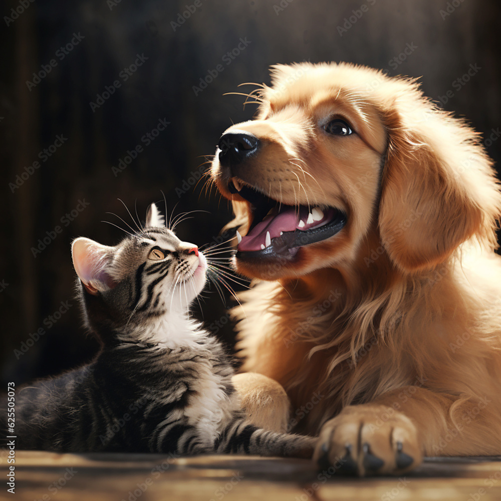 Illustration of a cute dog playing with a kitten, they are friends