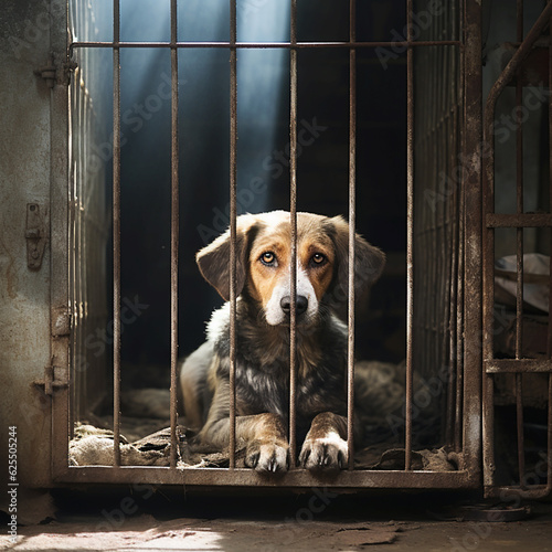 sad homeless dog lies in an old cage