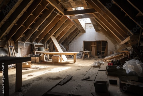 A glimpse inside an unfinished attic of a house during renovations. photo
