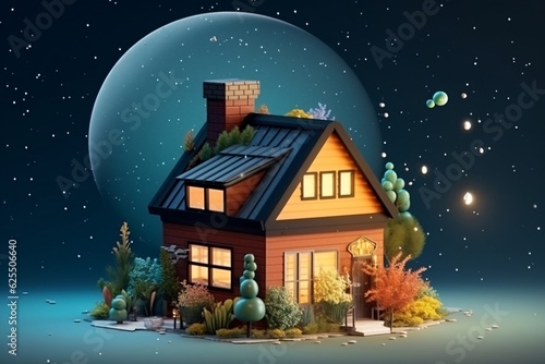 Wallpaper Mural 3d model, layout of an eco-friendly, energy-efficient house. Energy Efficient House. Renewable energy concept. Selective focus. Generative AI technology. Torontodigital.ca