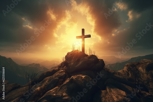 Fotografia, Obraz Cross christ sunset stone. Generate Ai