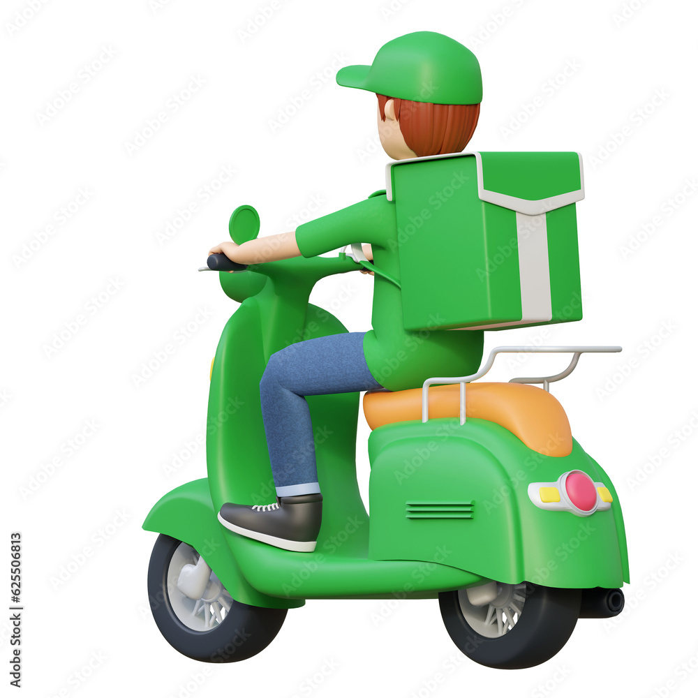 courier delivery package riding scooter motorcycle 3d cartoon illustration - obrazy, fototapety, plakaty 