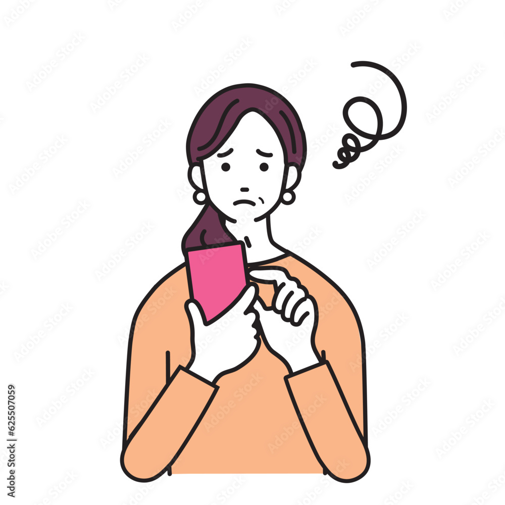 スマートフォンを操作する困った表情の中高年女性のシンプルなイラスト
