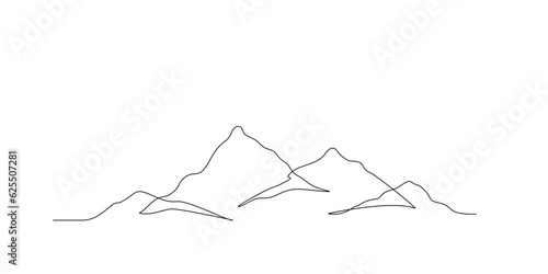 Continuous single line drawing of mountain range landscape background. One line pen drawing of mountain panoramic view. Line art style illustration of nature. Vector simple linear style. Handdrawn
