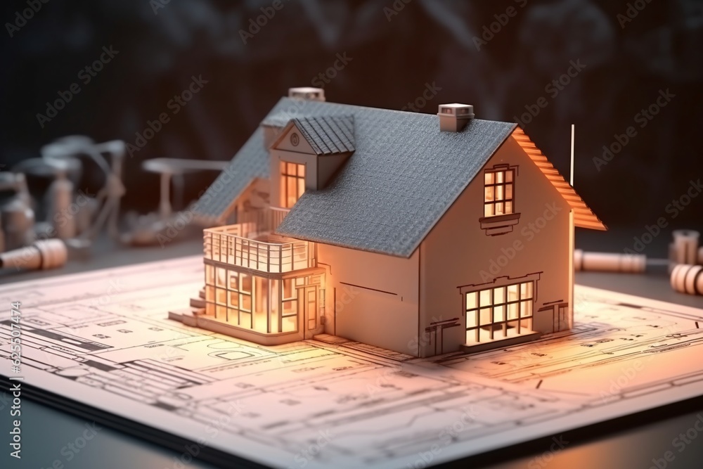 3d model, layout of an eco-friendly, energy-efficient house. Energy Efficient House. Renewable energy concept. Selective focus. Generative AI technology. 3d model, layout of an eco-friendly, energy-efficient house. Energy Efficient House. Renewable energy concept. Selective focus. Generative AI technology.