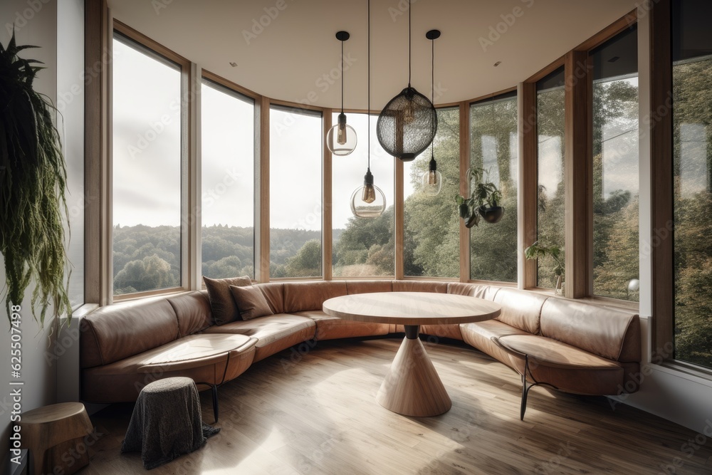 Fototapeta premium a living area with a sofa next to a glass window with views and a round pine wood dining table in the corner. Generative AI