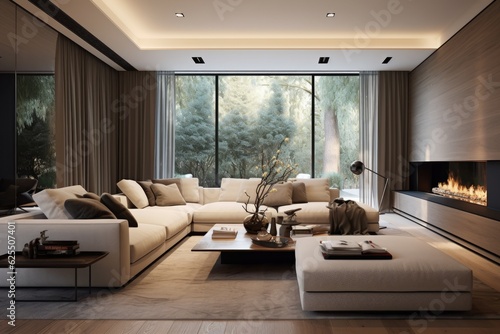 The living room has a contemporary design and features a cozy sofa.