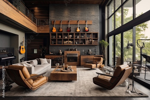 The living room of a contemporary house features an armchair and a display of acoustic guitars hanging on the wall  creating a musicians haven for home decor.
