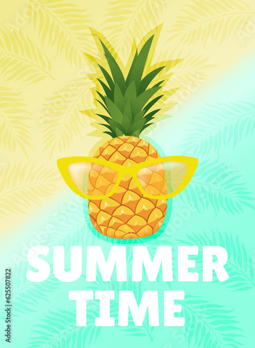 pineapple in glasses in a flat style. poster with pineapple in sunglasses with leaves on background