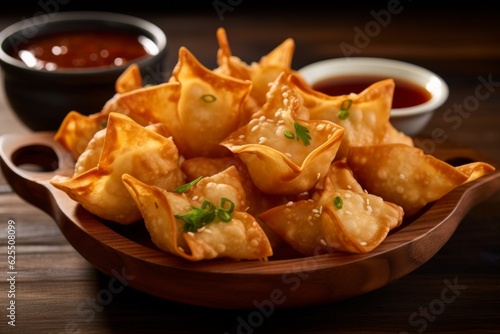 Fried Wontons tossed in a sweet and spicy sauce, placed on a rustic wooden serving board photo