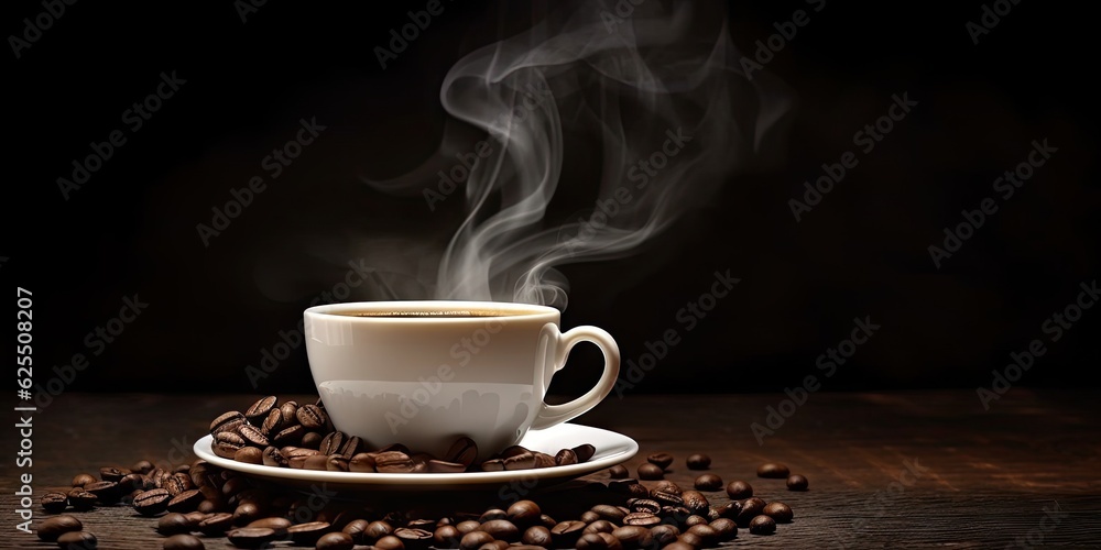 White Coffee Cup on Black Table with Coffee Beans. Closeup Background with Copy Space White Coffee Cup on Black Table with Coffee Beans. Closeup Background with Copy Space