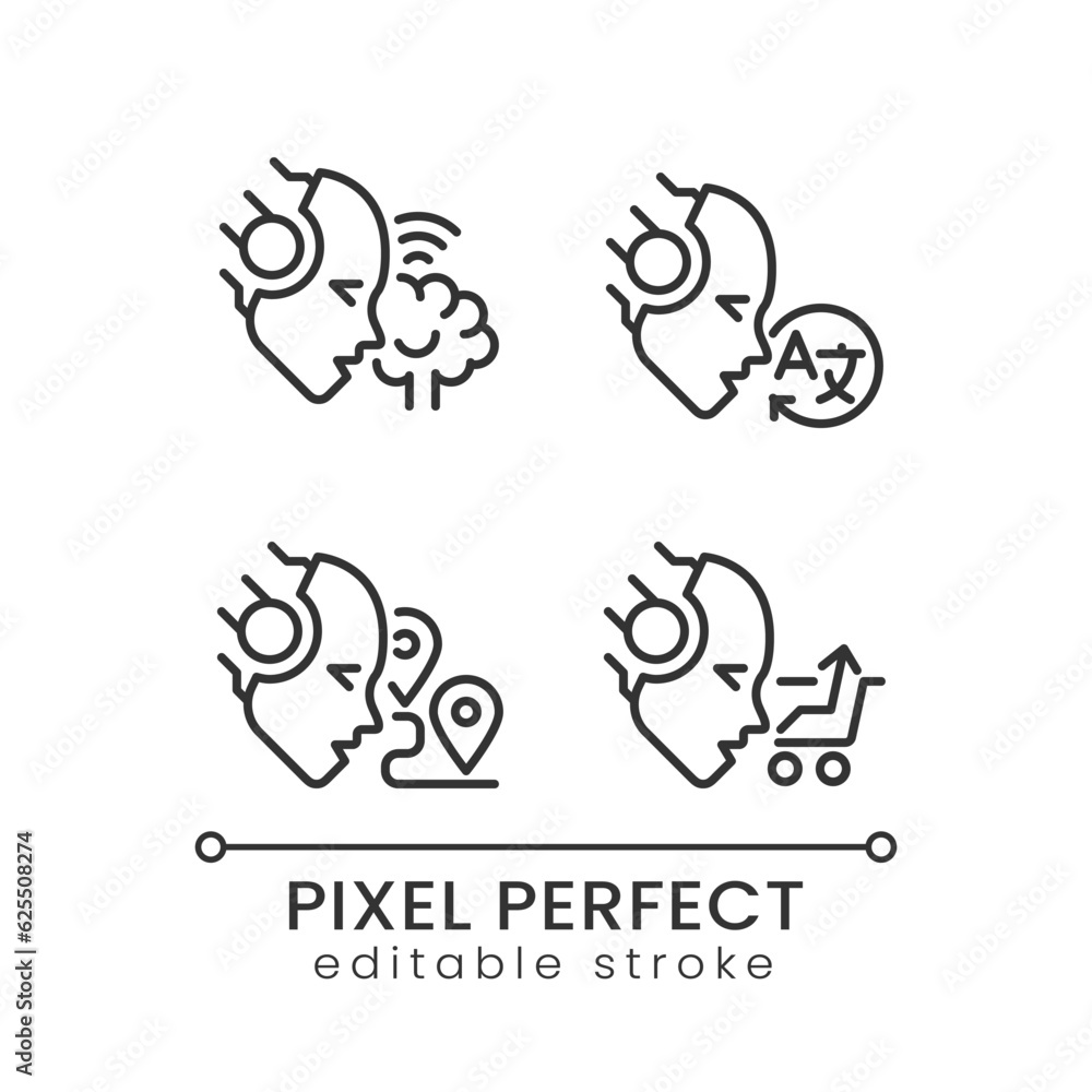 Machine learning usage pixel perfect linear icons set. Artificial intelligence. Process optimization. Customizable thin line symbols. Isolated vector outline illustrations. Editable stroke