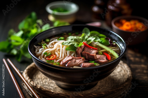 asian noodle thai background bowl meal japanese food soup vegetable hot. Generative AI.