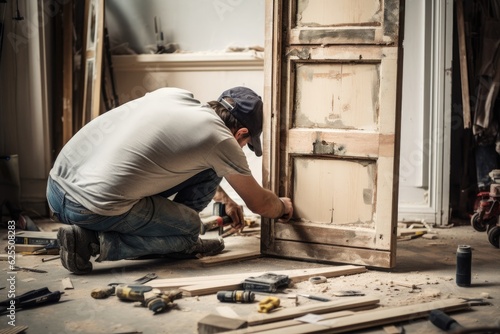 Repairing a damaged doors wooden frame.