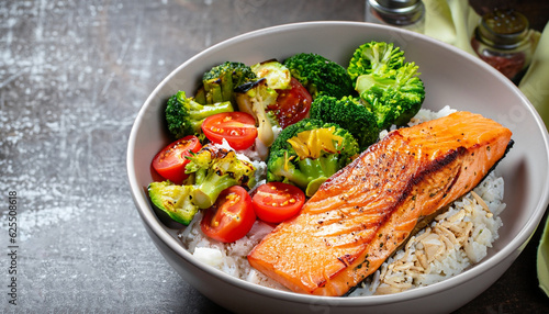 Healthy lunch bowl with grilled salmon, rice and vegetables. Grilled zucchini, broccoli and tomato with salmon steak and rice.