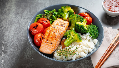 Healthy lunch bowl with grilled salmon, rice and vegetables. Grilled zucchini, broccoli and tomato with salmon steak and rice.