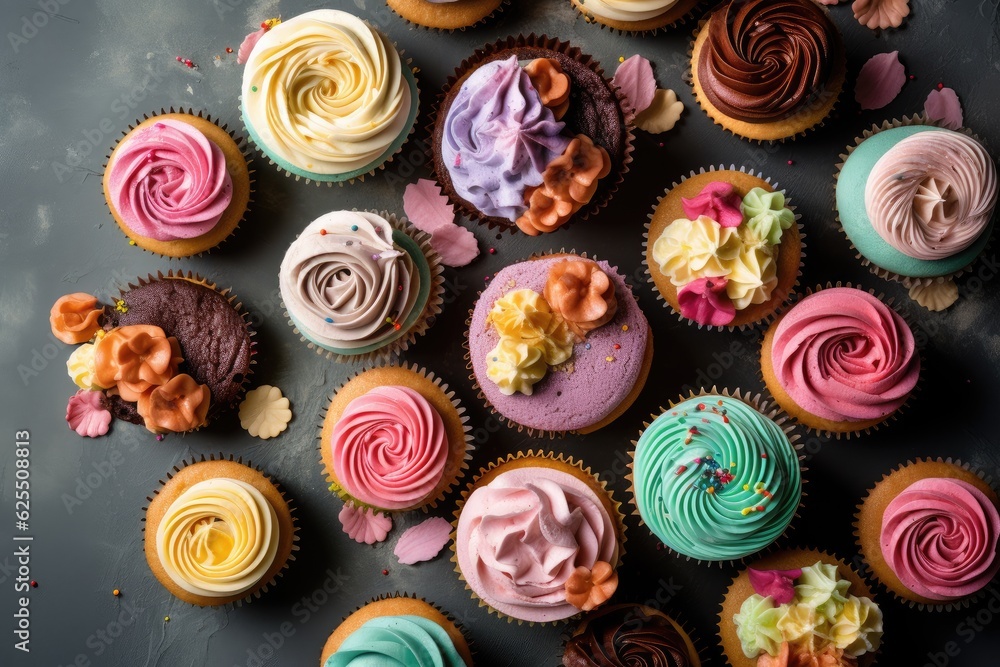 A symphony of sweetness: A delicious top view with lots of freshly baked cupcakes - a delicious pastry fantasy. A symphony of sweetness: A delicious top view with lots of freshly baked cupcakes - a delicious pastry fantasy.
