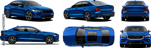 Fotografia Realistic Vector Car Sedan Isolated blue color and 3d perspective with gradients