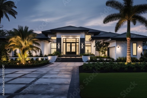 The newly constructed luxury home boasts an exquisite exterior, adorned with a stunning yard featuring lush green grass and meticulously designed landscape. © 2rogan
