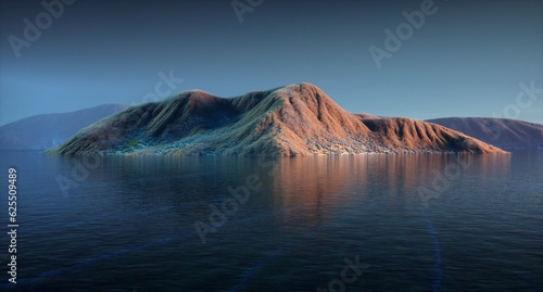 Surreal image with a mountain in the middle of a water.