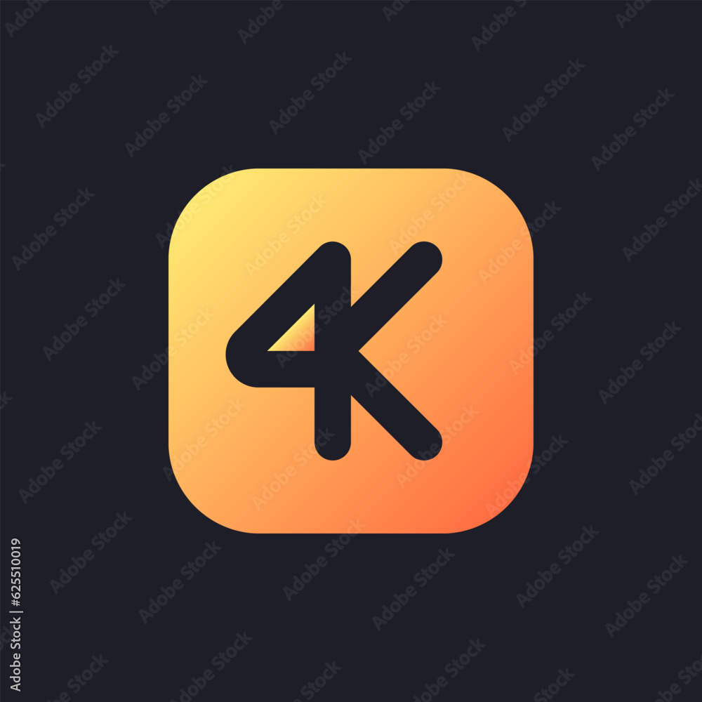 4K resolution orange solid gradient ui icon for dark theme. Choose high quality. Video format. Filled pixel perfect symbol on black space. Modern glyph pictogram for web. Isolated vector image 4K resolution orange solid gradient ui icon for dark theme. Choose high quality. Video format. Filled pixel perfect symbol on black space. Modern glyph pictogram for web. Isolated vector image