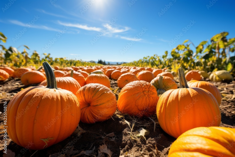 Pumpkin Patch With Ripe Pumpkins Ready To Harvest, Generative AI Pumpkin Patch With Ripe Pumpkins Ready To Harvest, Generative AI
