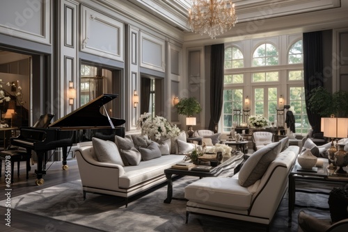 The living room in the luxury home is fully equipped with furniture.