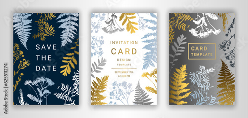 Wedding invitation cards vector set. Elegant branches of dried flowers, leaves, herbs, meadow grasses and ferns. Herbarium floral background. Save the date cards. Black, white, gold and silver decor