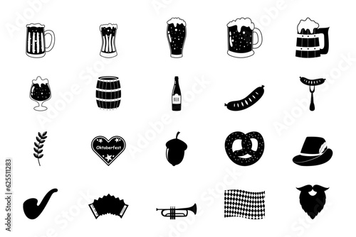 Oktoberfest Beer Festival element set. gingerbread, accordion, beer, grilled sausage on fork, smoking pipe and ets.