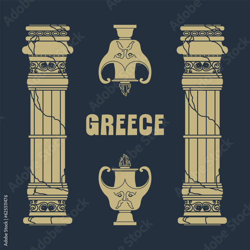 Vector Frame of figures of Greek ancient column with crack and jug with gold face on blue background . Greek concept.
