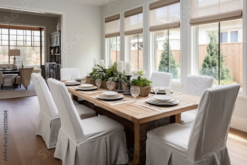 Contemporary farmhouse style dining room featuring arranged table settings.