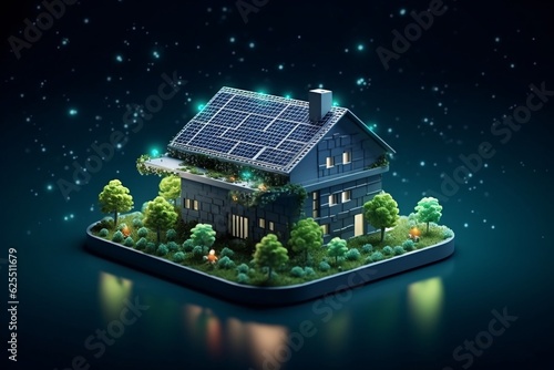 3d model, layout of an eco-friendly, energy-efficient house. Energy Efficient House. Renewable energy concept. Selective focus. Generative AI technology.