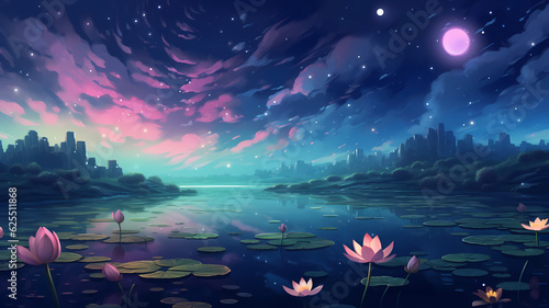 hand drawn cartoon beautiful illustration of lotus in the pond under the starry sky 