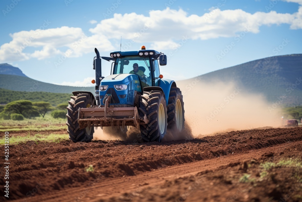 Obraz premium Tractor Tilling The Soil In A Large Agricultural Estates, Generative AI