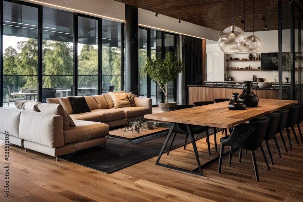 The main focus of the living room is a contemporary sofa, which sits in front of the dining table. The flooring in this area is crafted from wood.