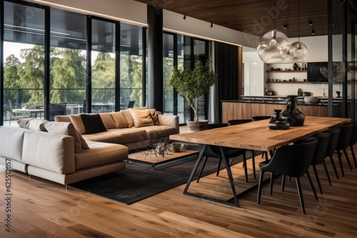 The main focus of the living room is a contemporary sofa, which sits in front of the dining table. The flooring in this area is crafted from wood. © 2rogan