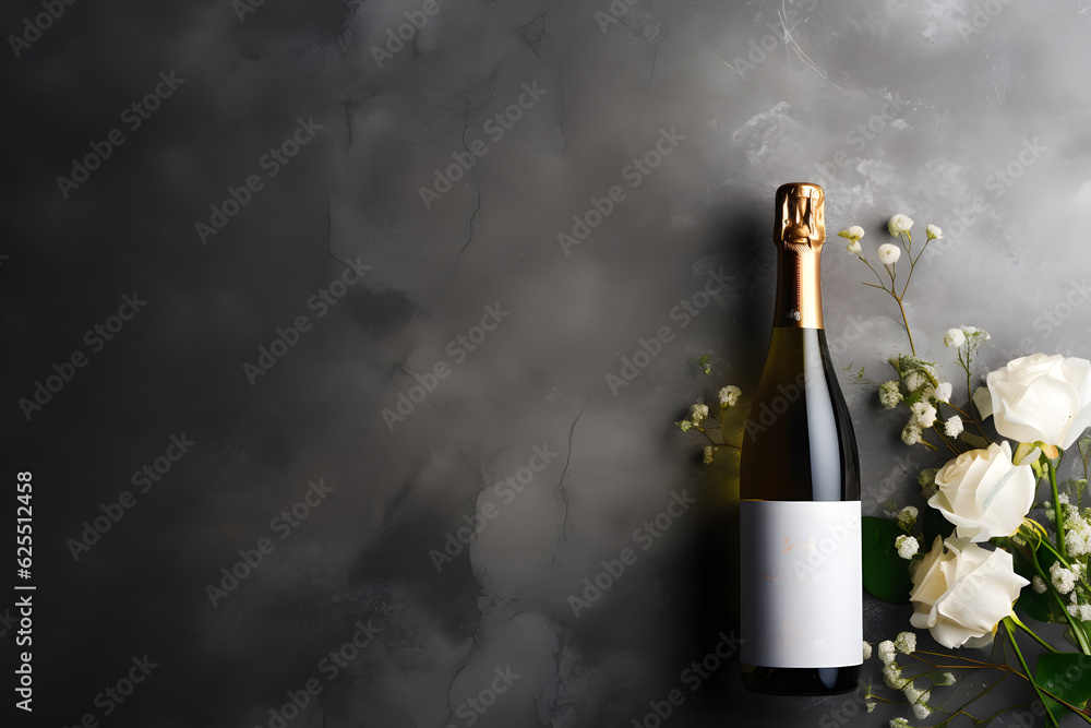 Wine bottle for mockup with gardening, grapes, with copy space, for wedding, anniversary, greeting card
