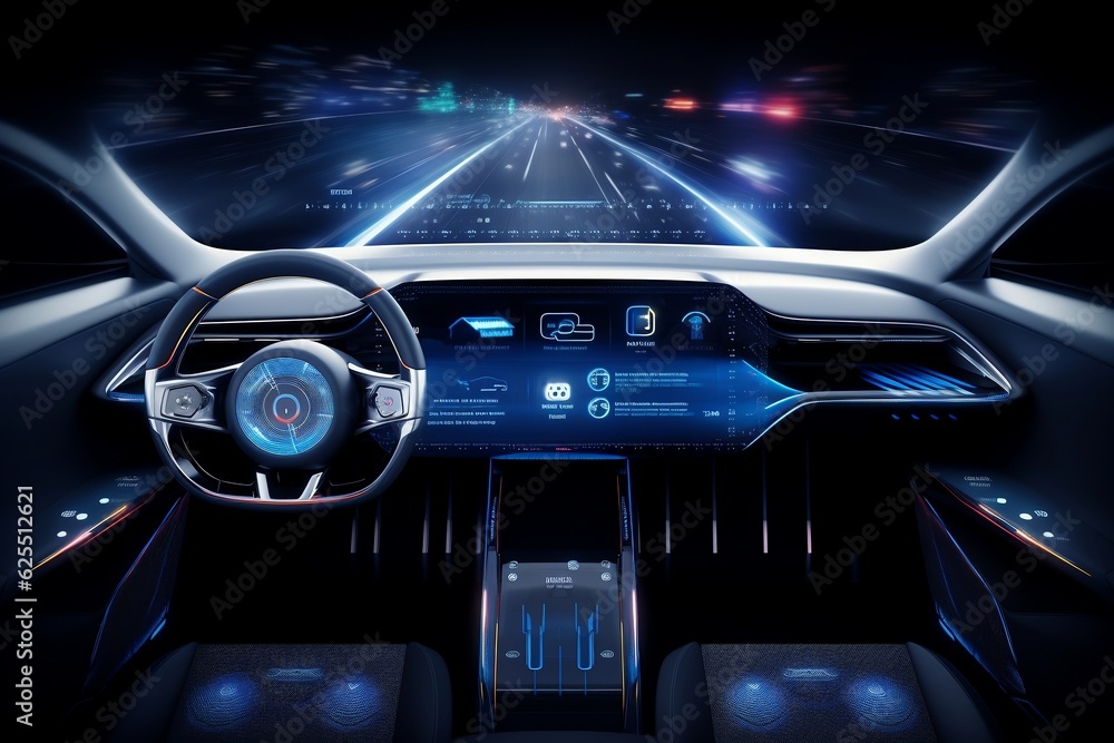A concept of an autonomous futuristic car dashboard with HUD, Generative Ai
