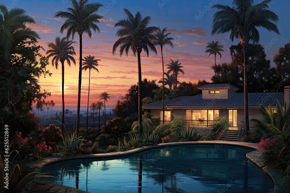 At twilight, there is a residence with palm trees adorning the yard.